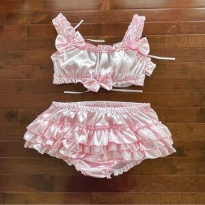 Pink Ruffled Satin Lingerie Set